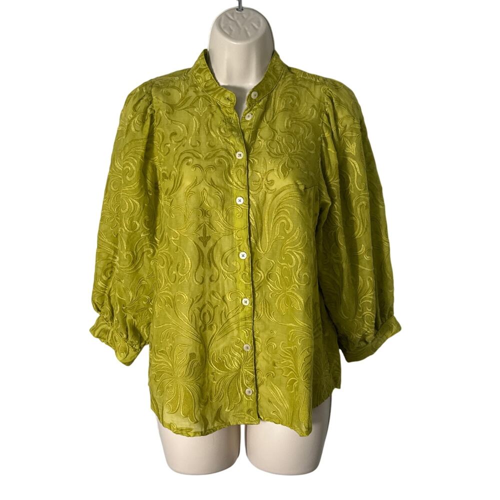 Anthropologie Pilcro Bella Embroidered Semi Sheer Button Down Blouse Green Sz XS - Picture 4 of 14